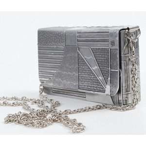 Vintage Metal Box Clutch Bag Silver Patchwork Etched Crossbody Chain Strap Art D